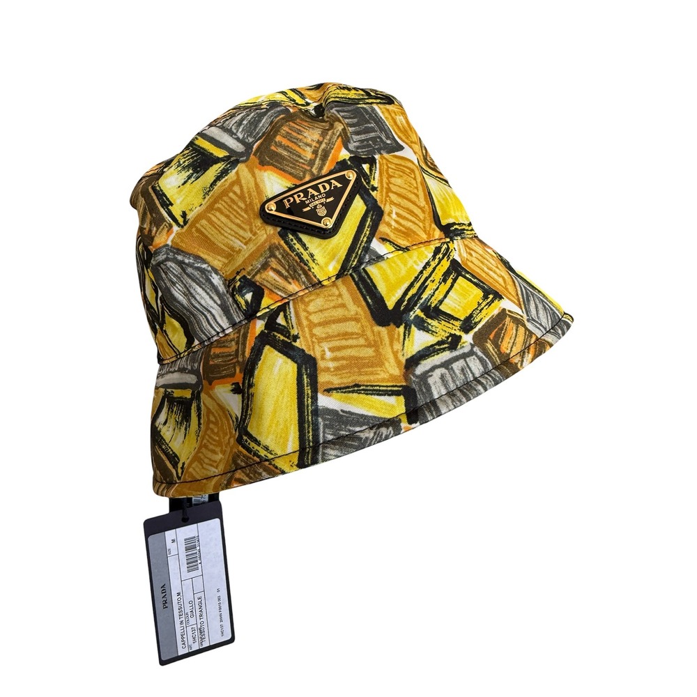 Prada Graphic Print Nylon Bucket Hat Black Gold Triangle Logo 1HC137 Size M - Picture 4 of 12